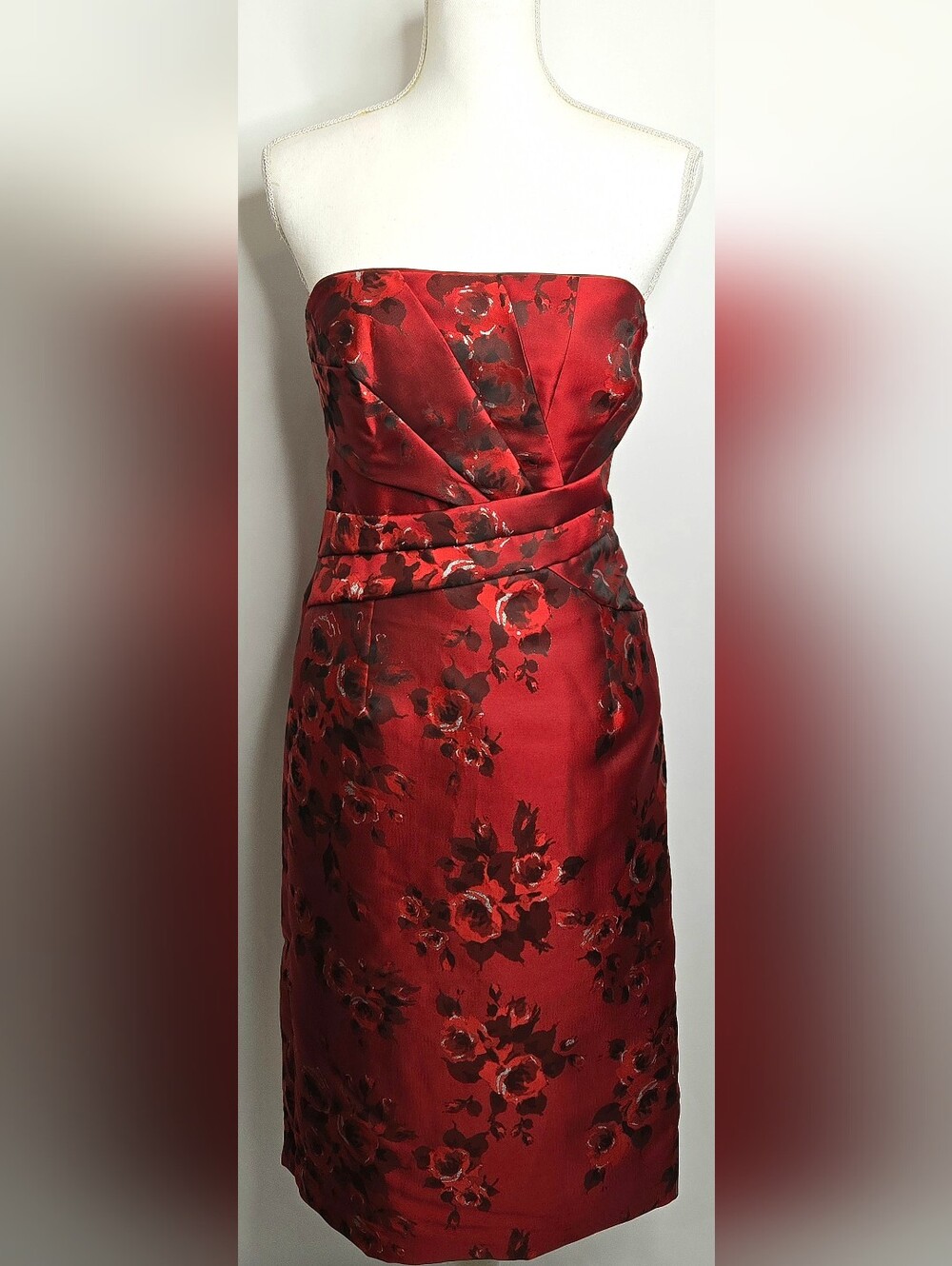 WHBM Red Floral Crossover Strapless Wedding Guest Cocktail Dress NWOT 10